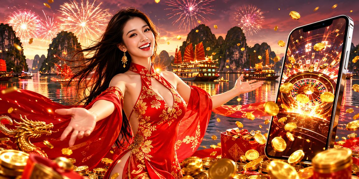 Cảnh vịnh Hạ Long với không khí lễ hội tươi vui và người dùng trải nghiệm giải trí di động lành mạnh